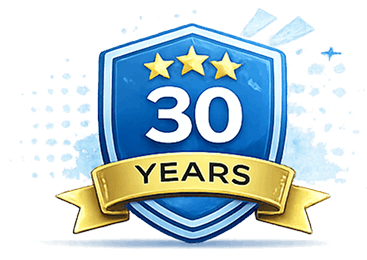 Blue shield with "30 YEARS" and three gold stars.