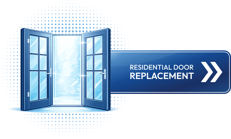 A blue text box with rounded corners and a white border. The text "RESIDENTIAL DOOR REPLACEMENT" is written in white font inside the box.