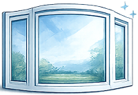 Bay window with a view of trees, grass, and mountains.