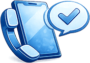 A blue smartphone with a speech bubble containing a checkmark.