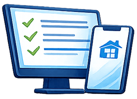 A computer monitor and a smartphone displaying different content, with the monitor showing a checklist and the smartphone showing a house icon.