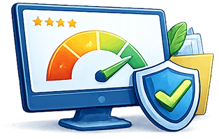 A computer monitor displaying a gauge with a green needle, indicating a high rating. The monitor is accompanied by a shield and a file folder.