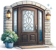 Front door with decorative glass panel and lanterns.