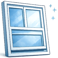 The image depicts a window with a white frame and blue panes.