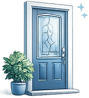 Blue door with glass panel and potted plant beside it.