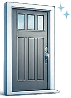 Gray door with three windows and silver handle.