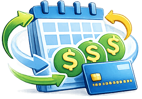Calendar with dollar signs and credit card.