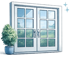 Illustration of a white French door with a potted plant.