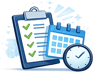 Clipboard with checklist, calendar, and clock.
