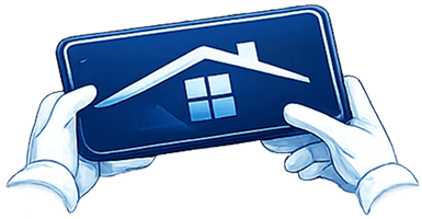 Hands holding a smartphone with a house icon on the screen.
