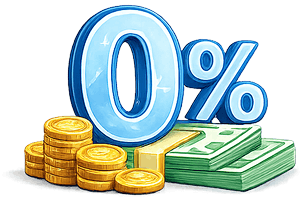A graphic representation of "0%" accompanied by stacks of gold coins and green paper currency.