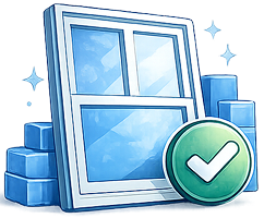 A graphic of a window with a green checkmark in front of it.