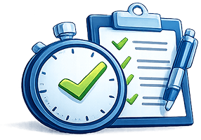 Stopwatch and clipboard with checklist and pen.
