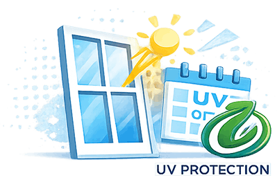 Window with UV protection calendar and sun.