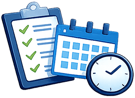 Checklist, calendar, and clock.