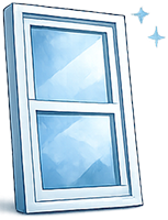 A cartoon window with a blue sky and clouds.