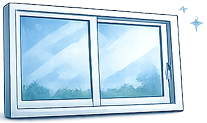 An open window showing a cloudy sky and trees.