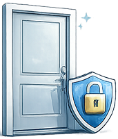 Locked door with shield.