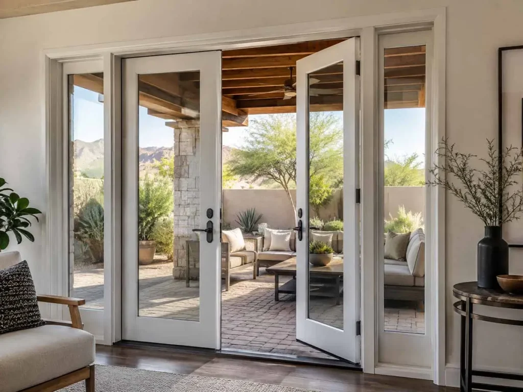 Door Replacement & Installation in East Valley featuring white French doors opening to a covered patio.