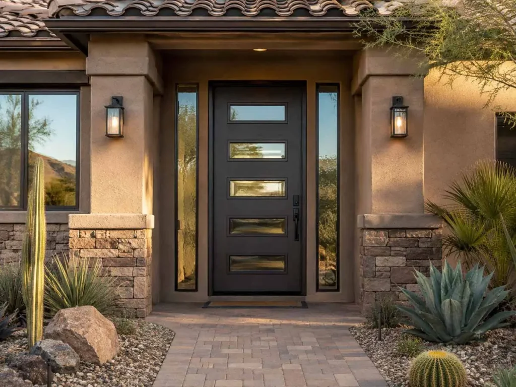 Door Replacement & Installation in East Valley featuring a modern black entry door on a desert-style home