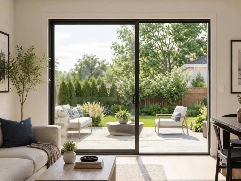 Door Replacement & Installation in East Valley featuring a black sliding patio door overlooking a backyard.