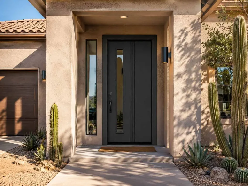 Door Replacement & Installation in East Valley featuring a black steel entry door on an Arizona-style home