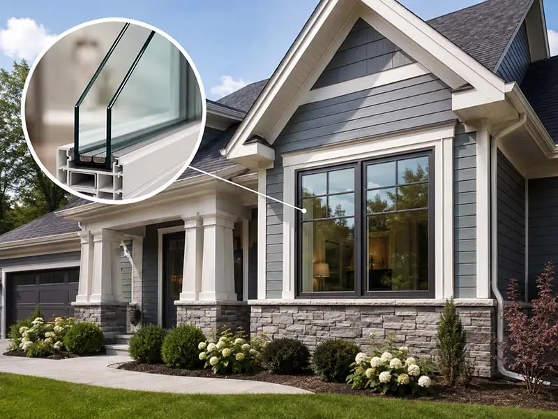 Best windows for Arizona heat shown on a modern home with a double-pane insulated glass window cutaway.