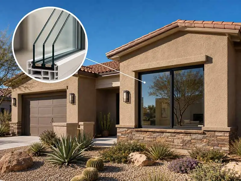 Best windows for Arizona heat shown on a stucco desert home with a triple-pane insulated window cutaway.