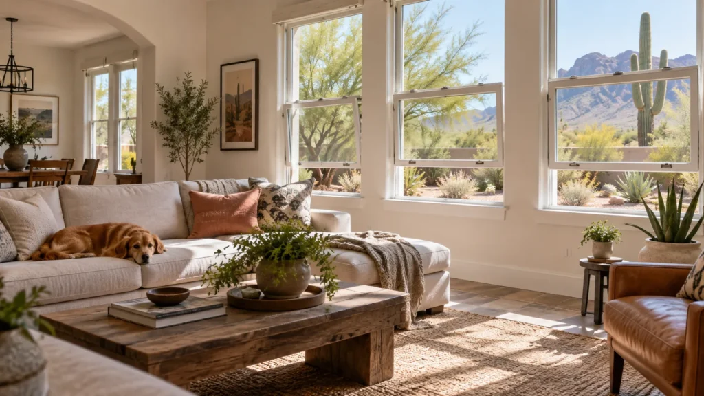 Double-hung windows in an Arizona living room with desert landscaping visible outside