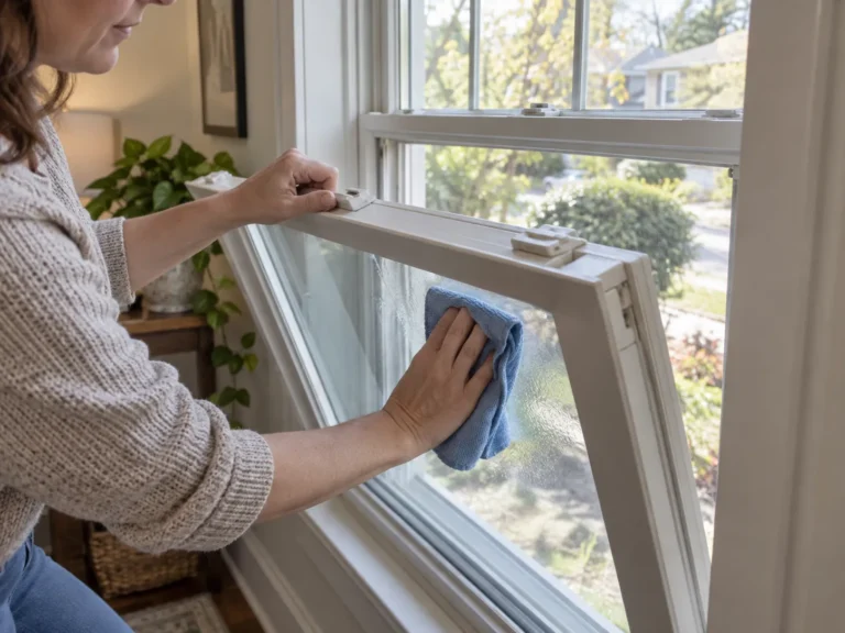 Homeowner cleaning double hung windows by tilting the sash inward from inside the home